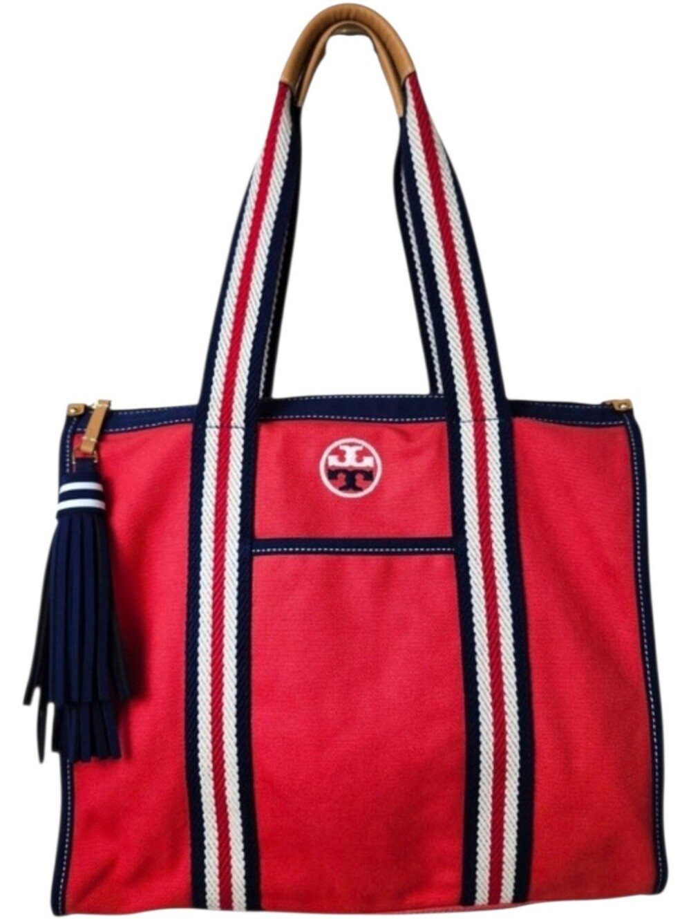 Tory Burch Womens Embroidered T Red Canvas Racing Stripe Webbing Tote Handbag